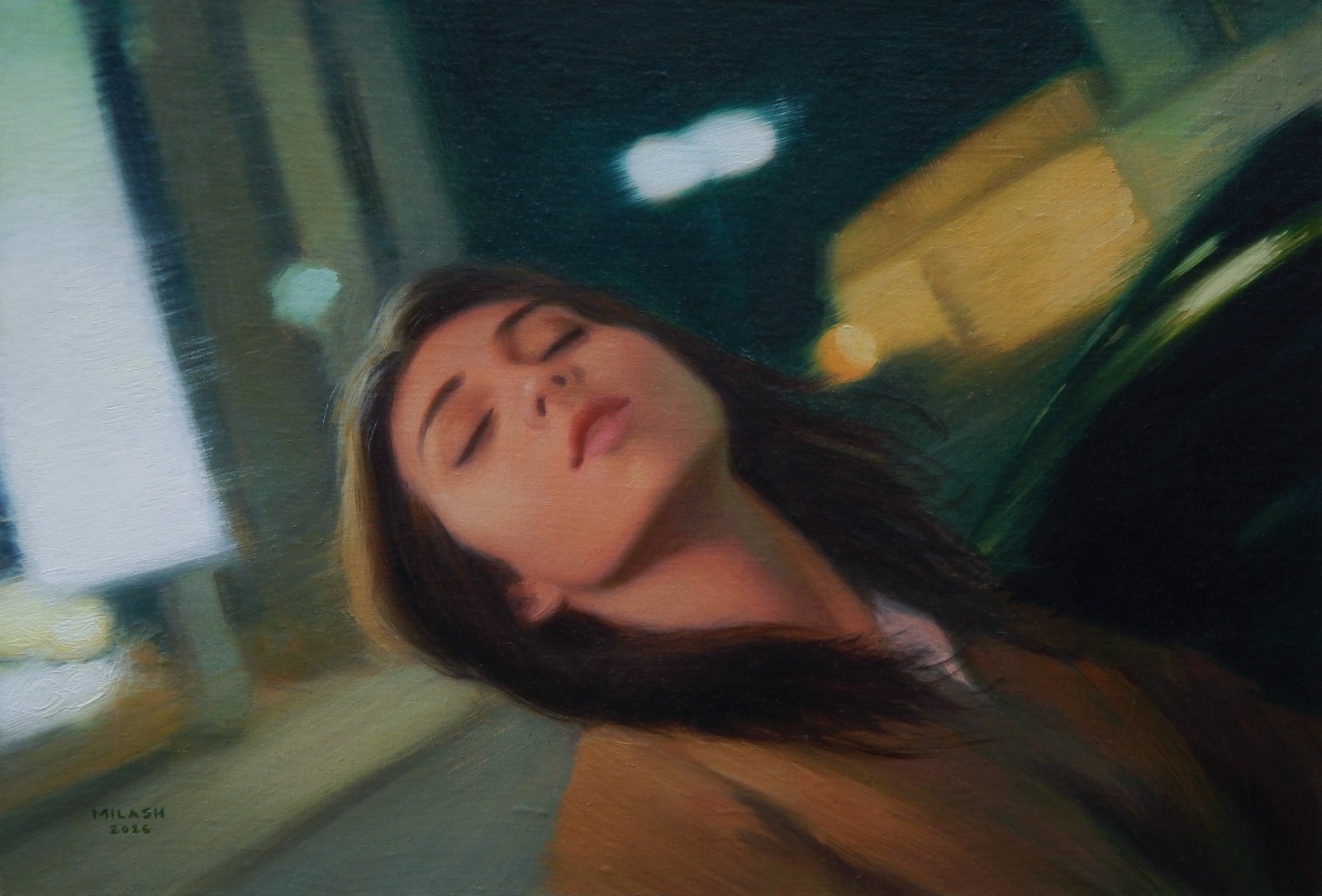 Original Oil Painting 16×11″ Girl in Car Night Wind 2026 Signed