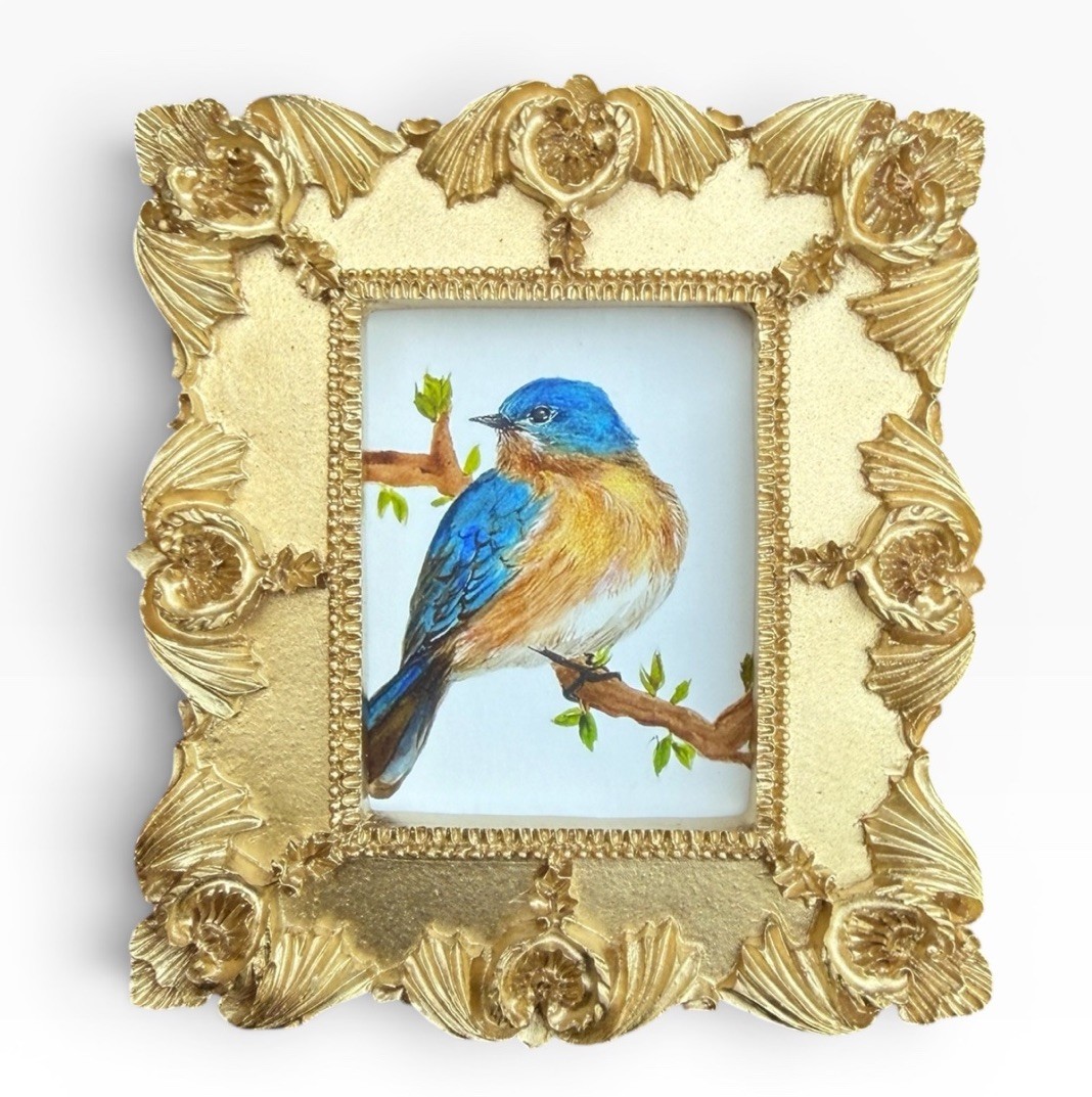 Bluebird mini watercolor bird print of original painting • vintage ornate frame