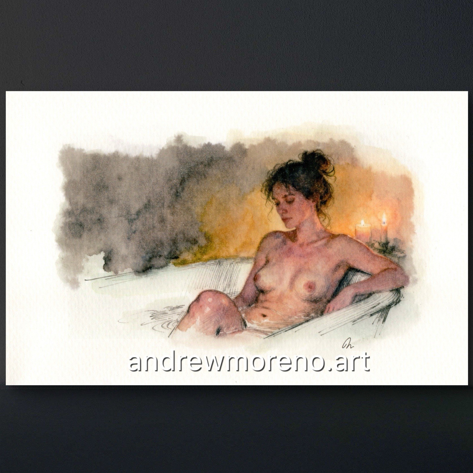 Original Nude Watercolor Female Bath Figure Study Candlelight 5.5×8.5 Signed