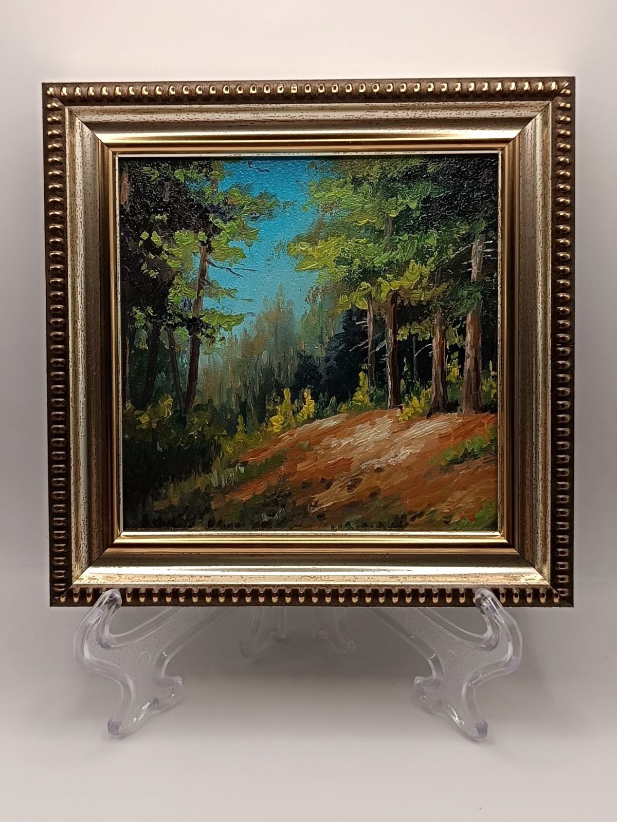 Original Miniature Oil Painting Forest Landscape Framed Impasto Pine Trees Art