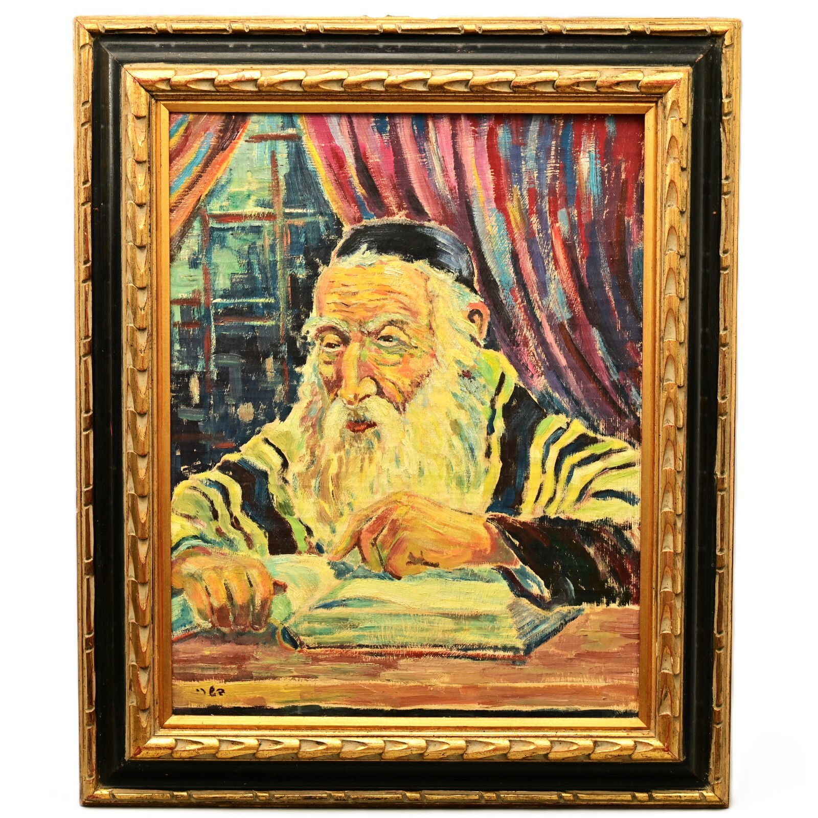 JUDAICA Original Vintage Signed Hebrew Cursive Rabbi Torah Portrait Oil Painting