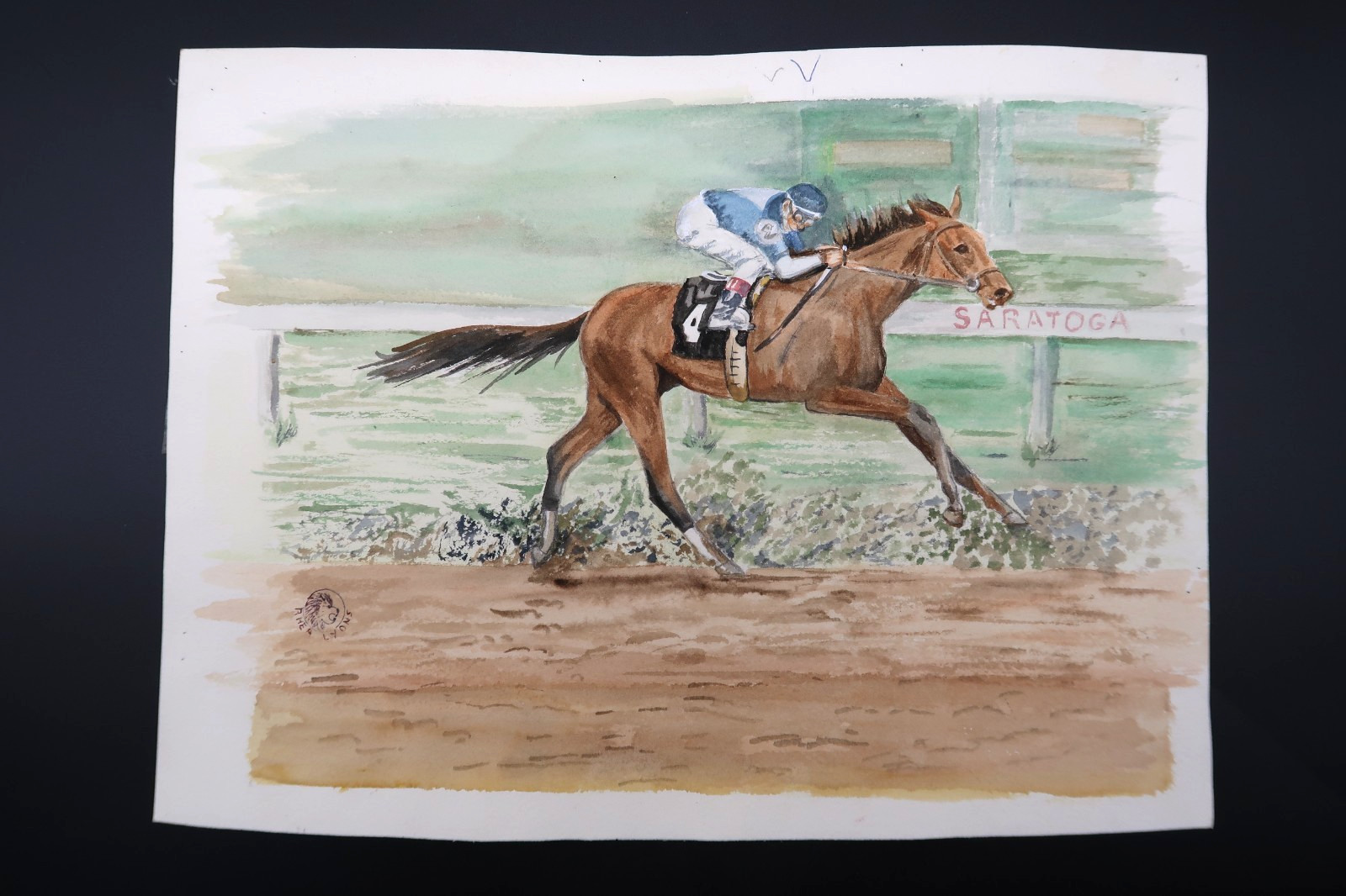 Vtg Rhea Lyons Watercolor Painting Saratoga Race Course Horse Racing Scene Nice