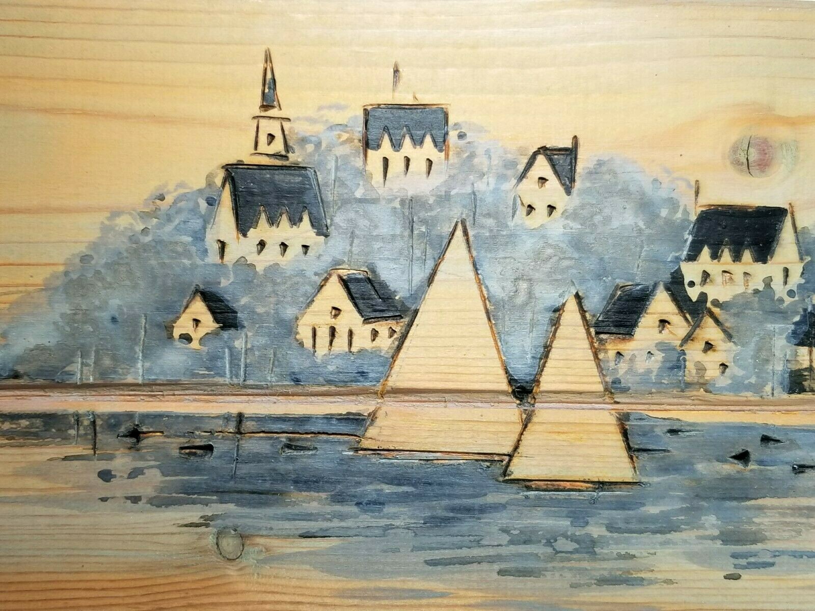 Fine American Folk Art Thom Cassotta harbor view wood painted & Burned Technique