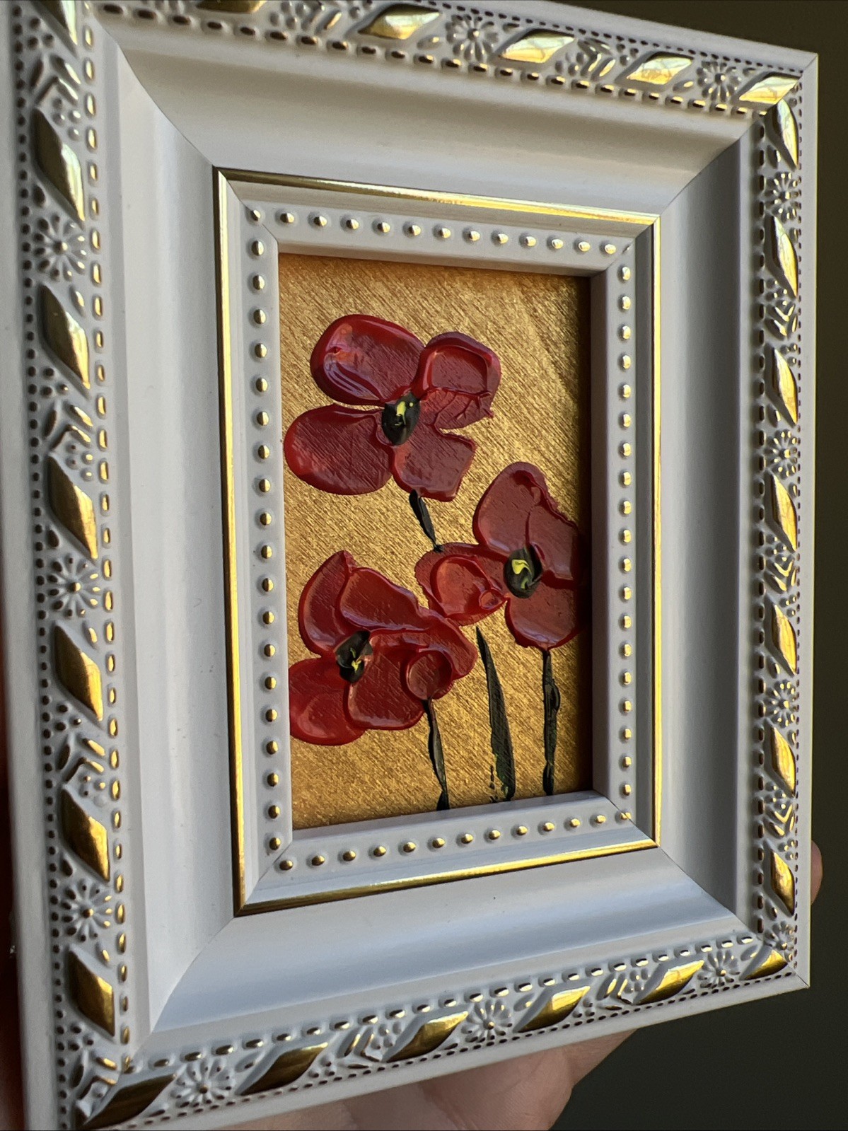 Red Poppies flowers, original,miniature Painting,small,mini, Framed,wall Art