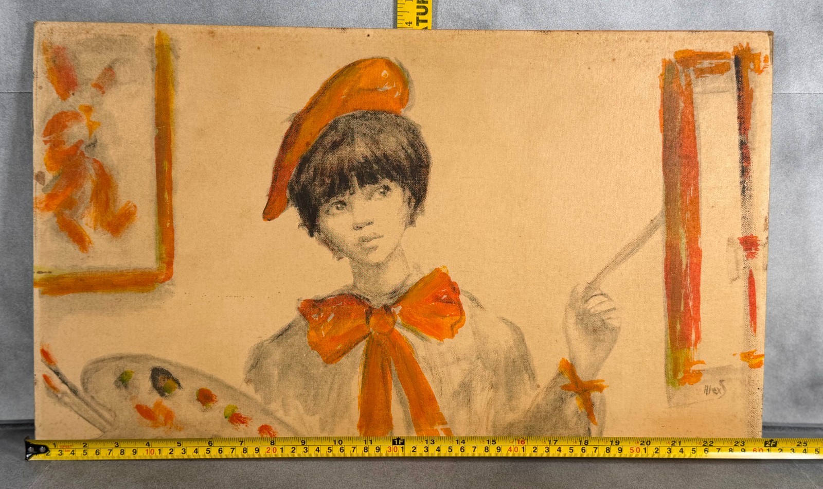 Vintage Boho Portrait Painting Signed Alex Mid Century Style Original Art