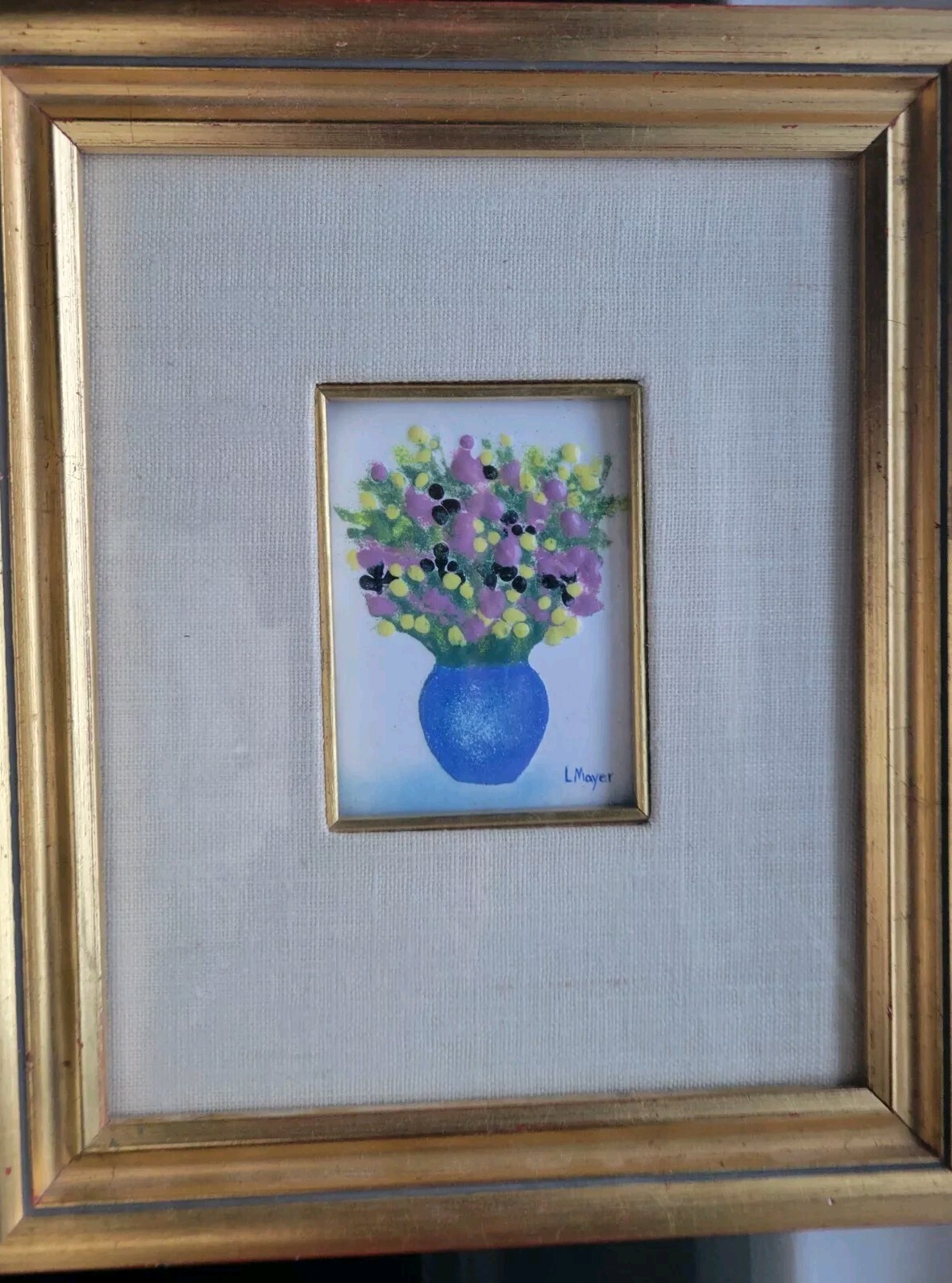 VTG COLLECTORS ITEM LISA MAYER SIGNED ENAMEL CLOISONNE PAINTING w/ LINEN MATTING
