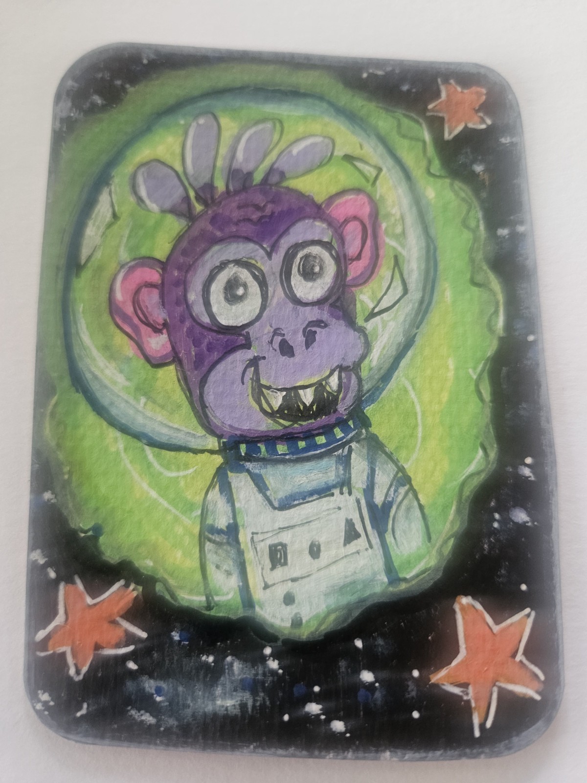 ACEO original monkey in space painting acrylic markers Artist April Warren