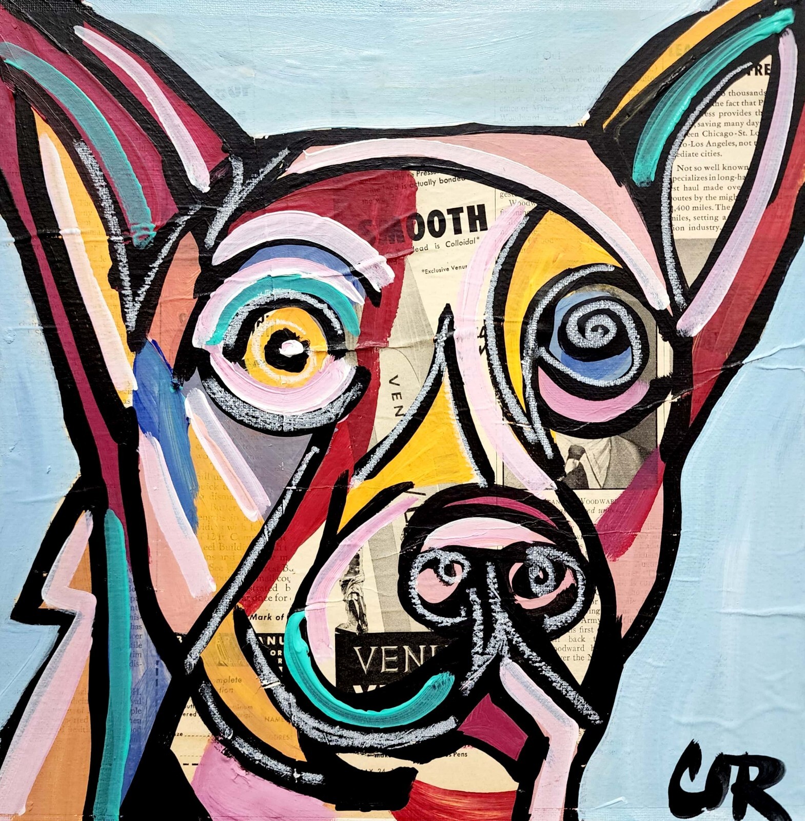 CORBELLIC EXPRESSIONISM 12X12 PET DOG RETRO MIXED MEDIA COLORFUL ART PAINTING