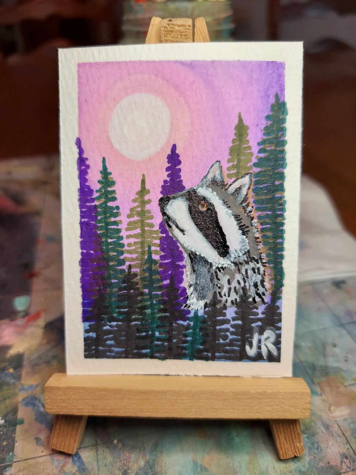 ACEO Watercolor Art Trading Card Whimsical Racoon portrait Moon Night Sky Trees