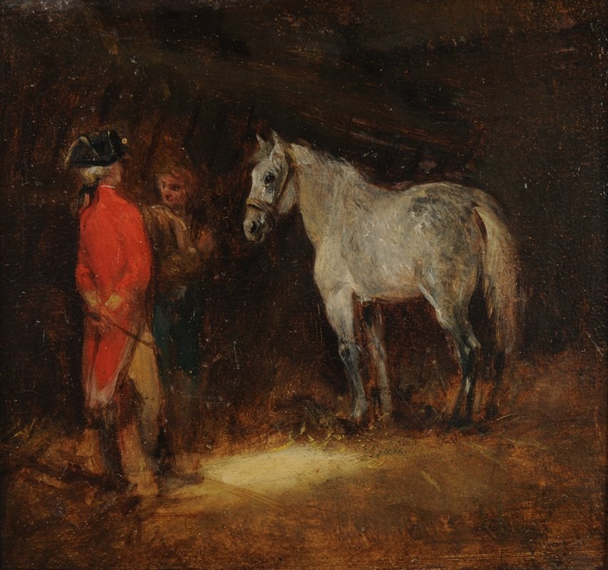 oil painting handpainted on canvas-A Man in a Red Coat and a White Horse