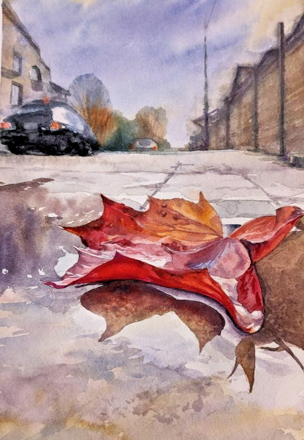 Autumn Street Watercolor Painting Golden Leaf in Puddle Seasonal City A4 Art