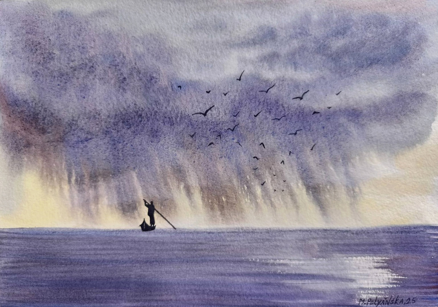 LONELY FISHERMAN BOAT Original Artwork Painting Landscape COUDY SKY Seascape A4