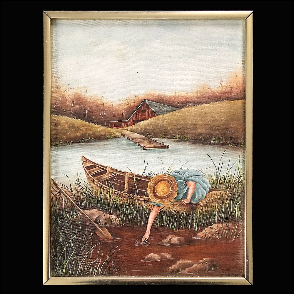 Vintage C. Sheipline Oil or Acrylic Painting Girl Pond Boat Country Farm Scene