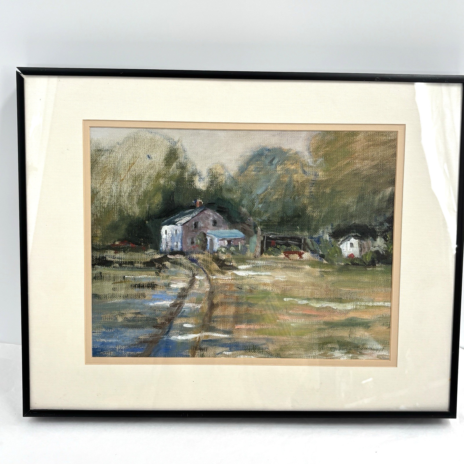 Vintage Impressionist Farm Landscape Oil Painting Framed Cottage Scene MCM 15×19