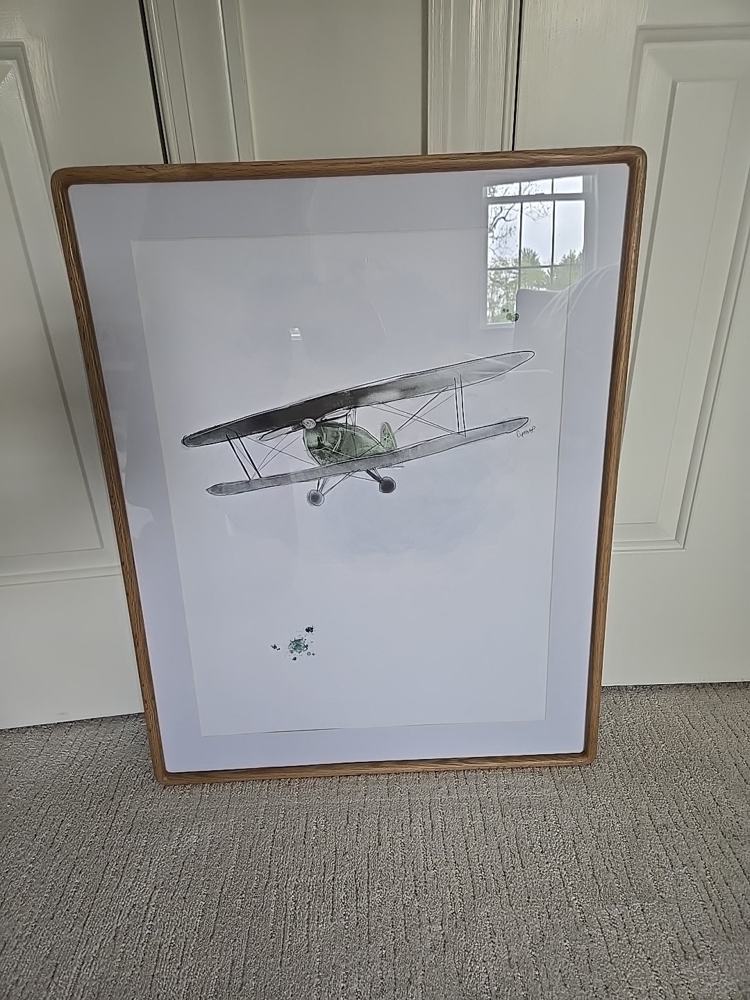 Watercolor Airplane Art In Green And Light Blue With White Oak Frame, 22x28in