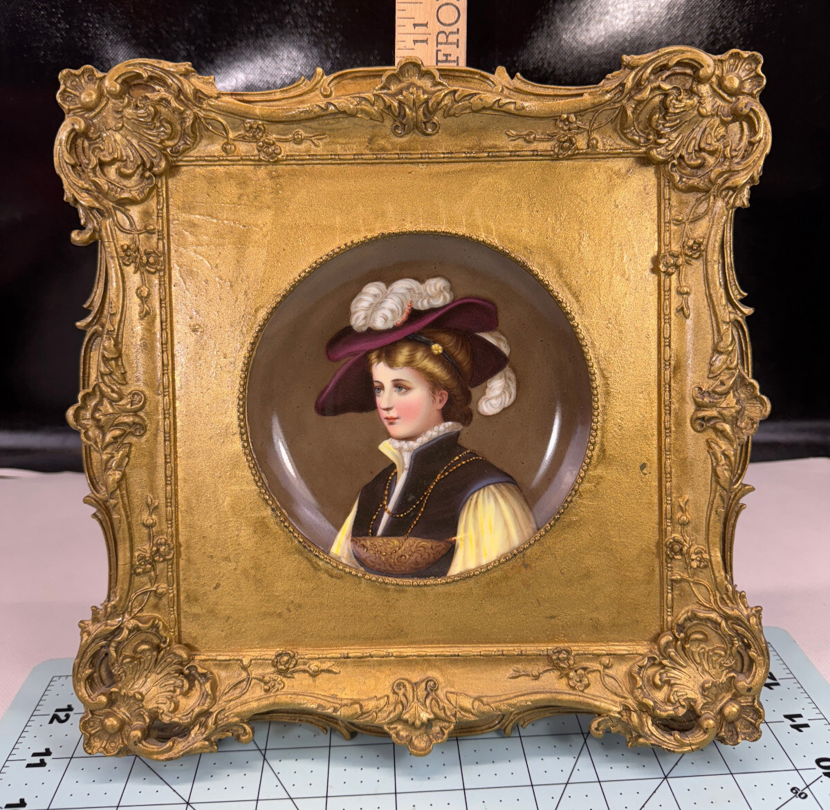 Hand Painted Porcelain Portrait Plaque in Ornate Gold Wood Frame
