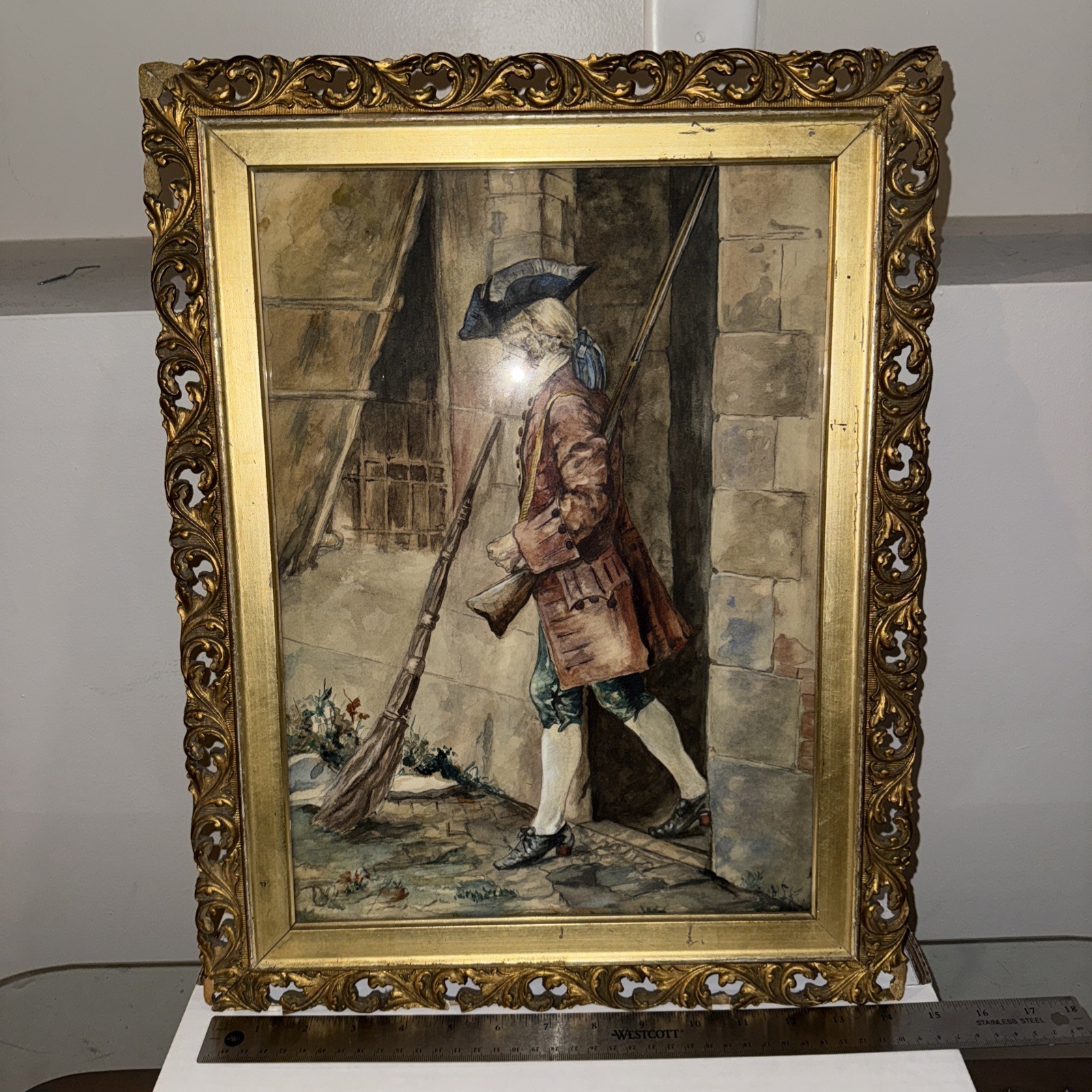 Antique Watercolour Painting British Soldier In Beautiful Hand Carved Wood Frame