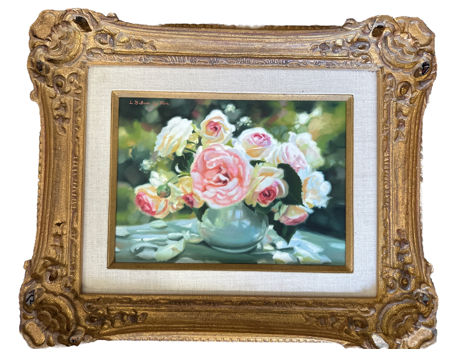 FRENCH ANTIQUE OIL ON CANVAS ROSES PAINTING SHABBY CHIC cottage pink