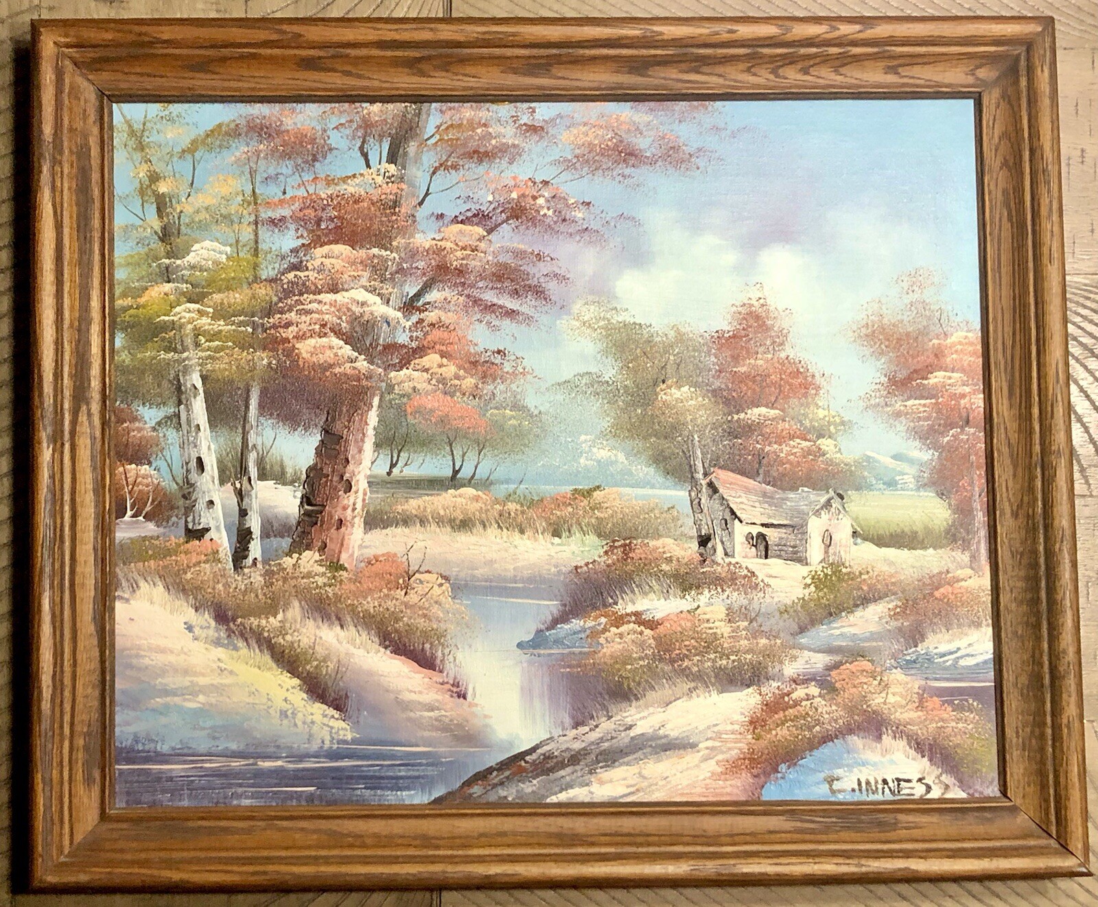 Early 1900s CLARA C INNESS Oil Painting Landscape Mountains Cottage Trees River