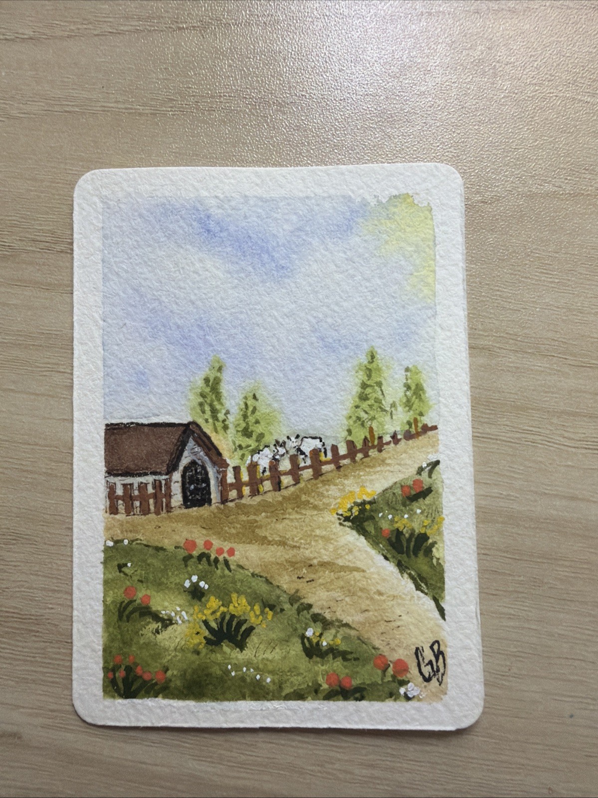 ACEO watercolor_with_g, Fork In Country Road, Texas Landscape With Barn And Cows