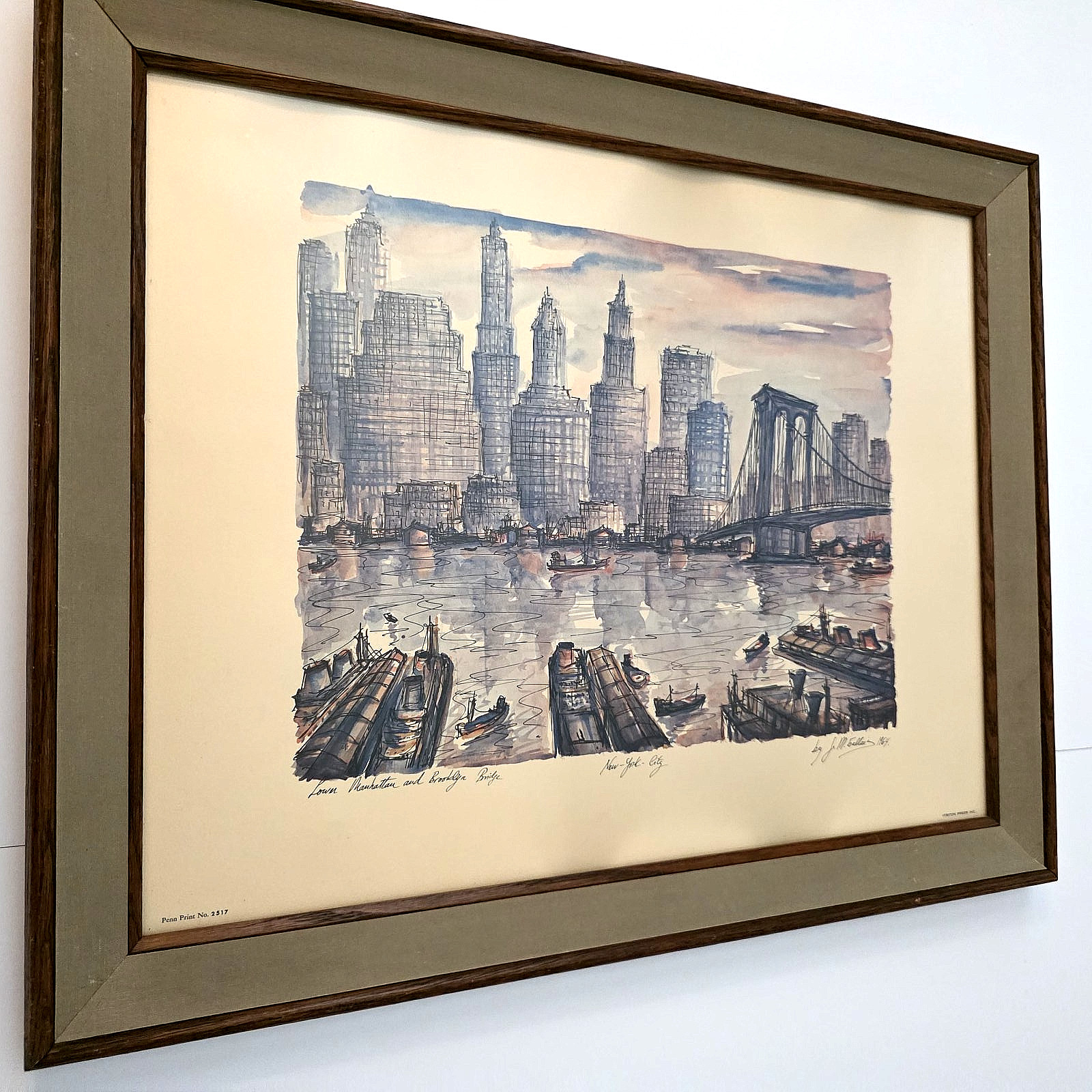 Vintage J.M. Gallais 1964 Signed Print New York City Harbor Skyline Mid Century