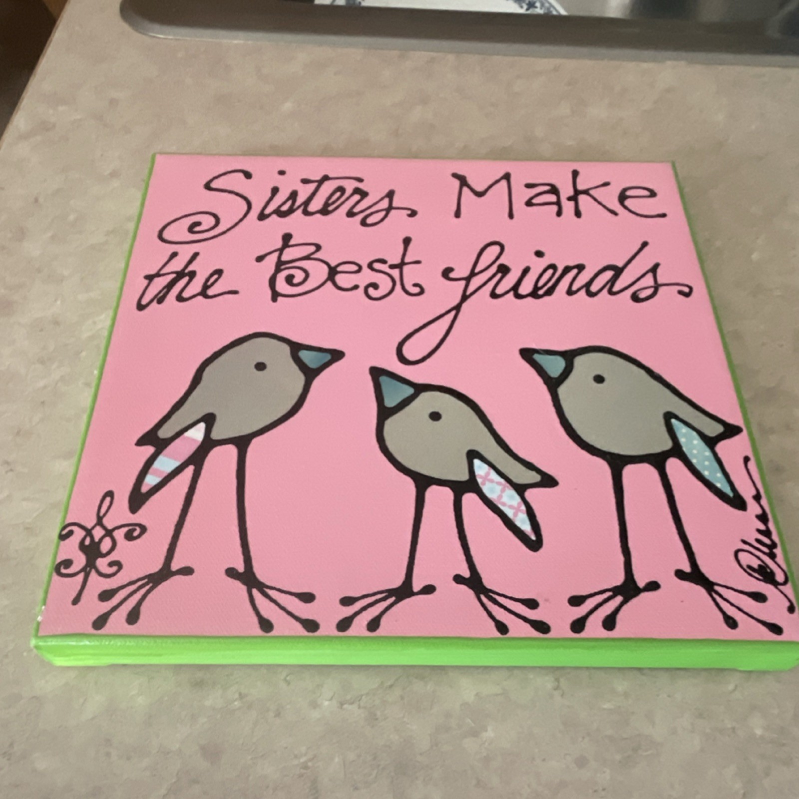 Nelson Signed Naive Art Canvas Painting ‘Sisters Make the Best Friends’ Birds
