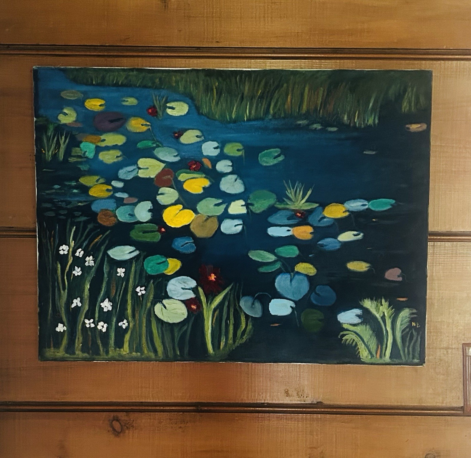 Original Signed “SB” Colorful Water Lillies Oil Painting 24”x17”