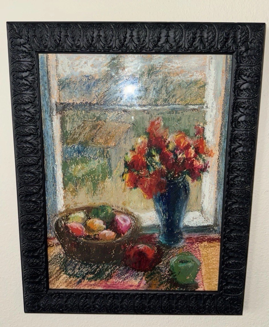 Original oil Pastel On Board Still Life Flowers And Fruit In Window Framed