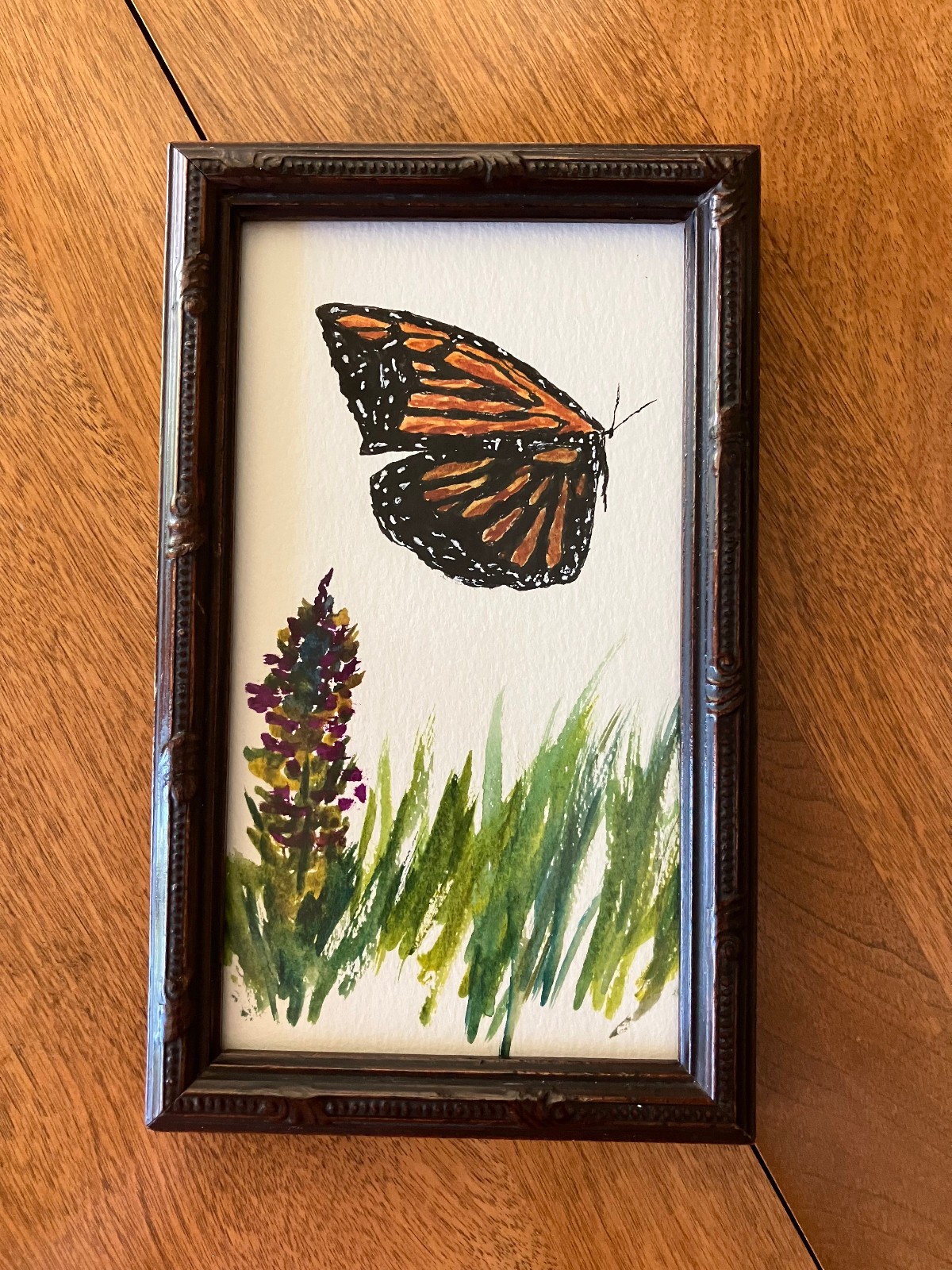 Original Watercolor Painting in VTG Wood Frame; Butterfly, Flower; 4 1/8 x 6 7/8