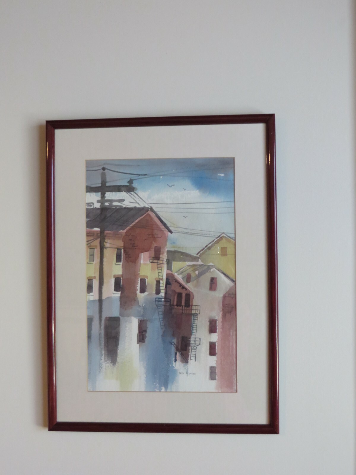 Noted Nelle Ferrara Original Watercolor of City Rooftops Framed Matted Signed