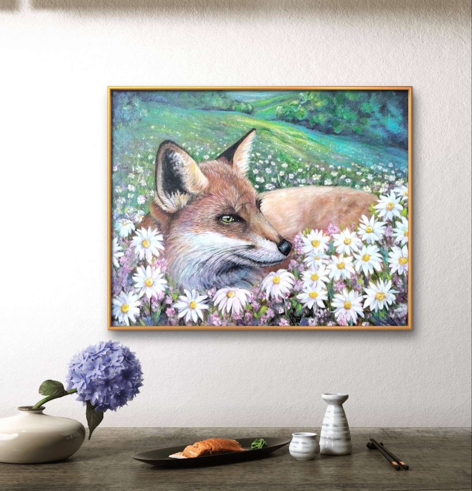 Original 14 x 11 Colorful Fox Flower Field Acrylic Canvas Wall Painting