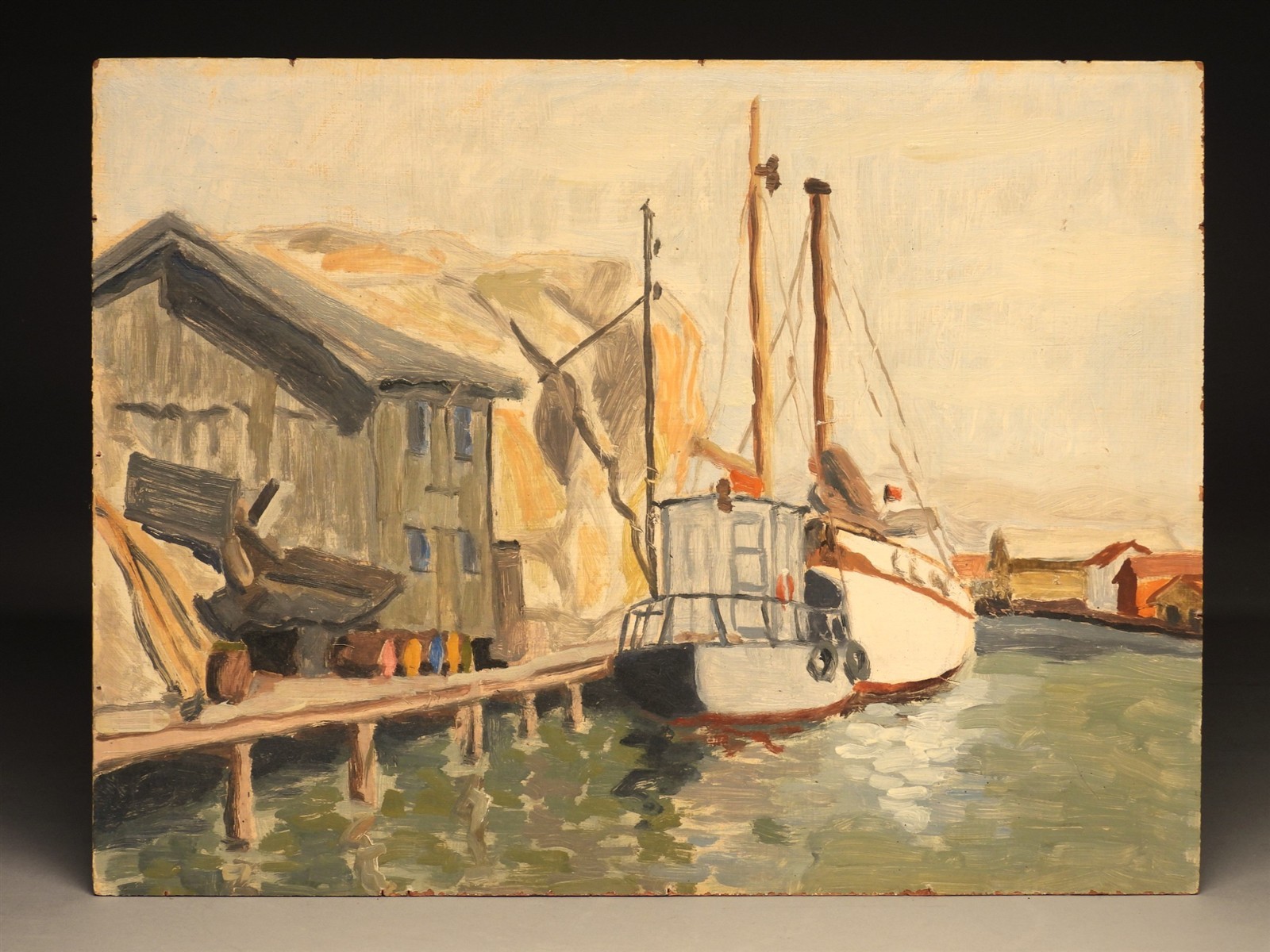 C.1920’s Scandinavian Impressionist Plein Air Sailboat at Dock Oil Painting