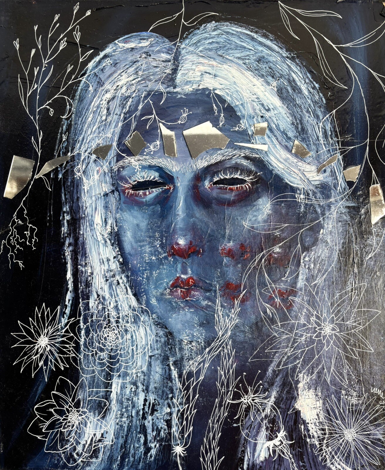 Original Oil Painting Portrait Cool Blue Flowers Wall Decor Unique Mikah