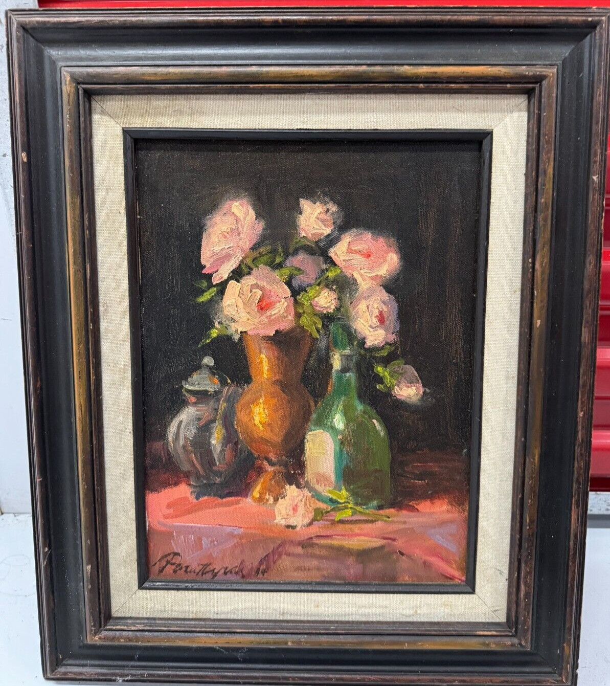 SIGNED ORIGINAL VINTAGE IMPRESSIONIST O/C, 9″X12″ SIGHT, WOOD AND LINEN FRAME