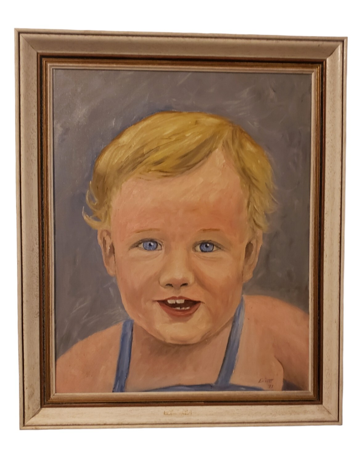 Vintage Oil Painting Portrait Smiling Blonde Blue Eyes Boy Signed Elliot 71