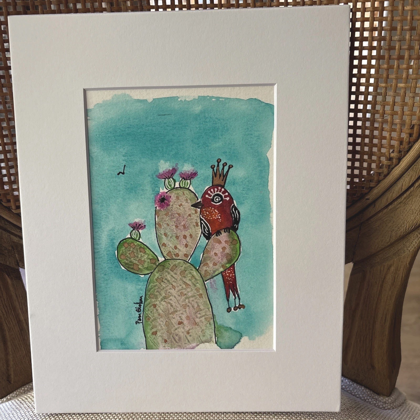 Crowned Red Desert Bird “Her majesty Original Watercolor Painting 8×10 Matted