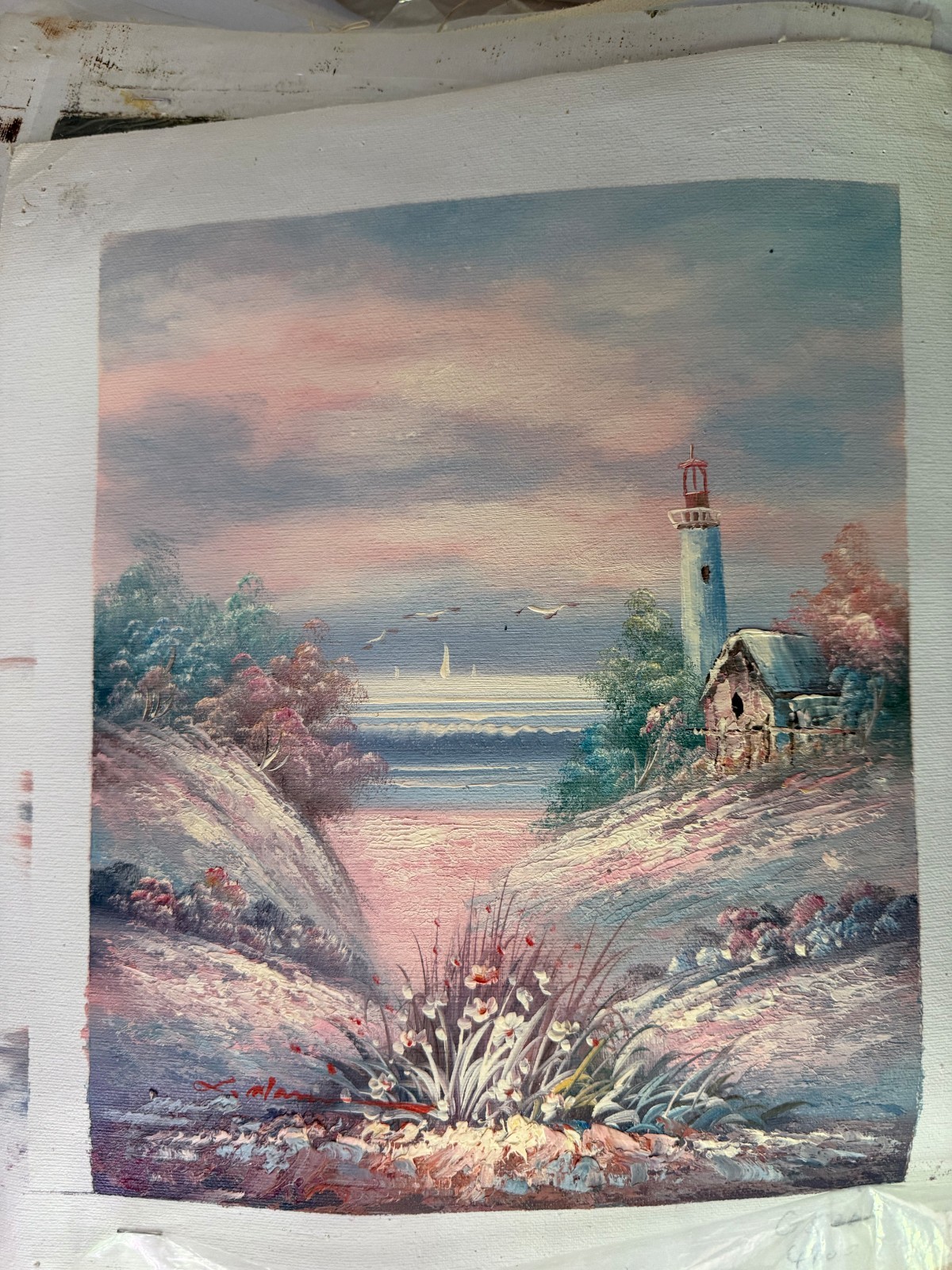 Vintage Lighthouse Coastal Beach Scene Landscape Decorative Oil Painting Art