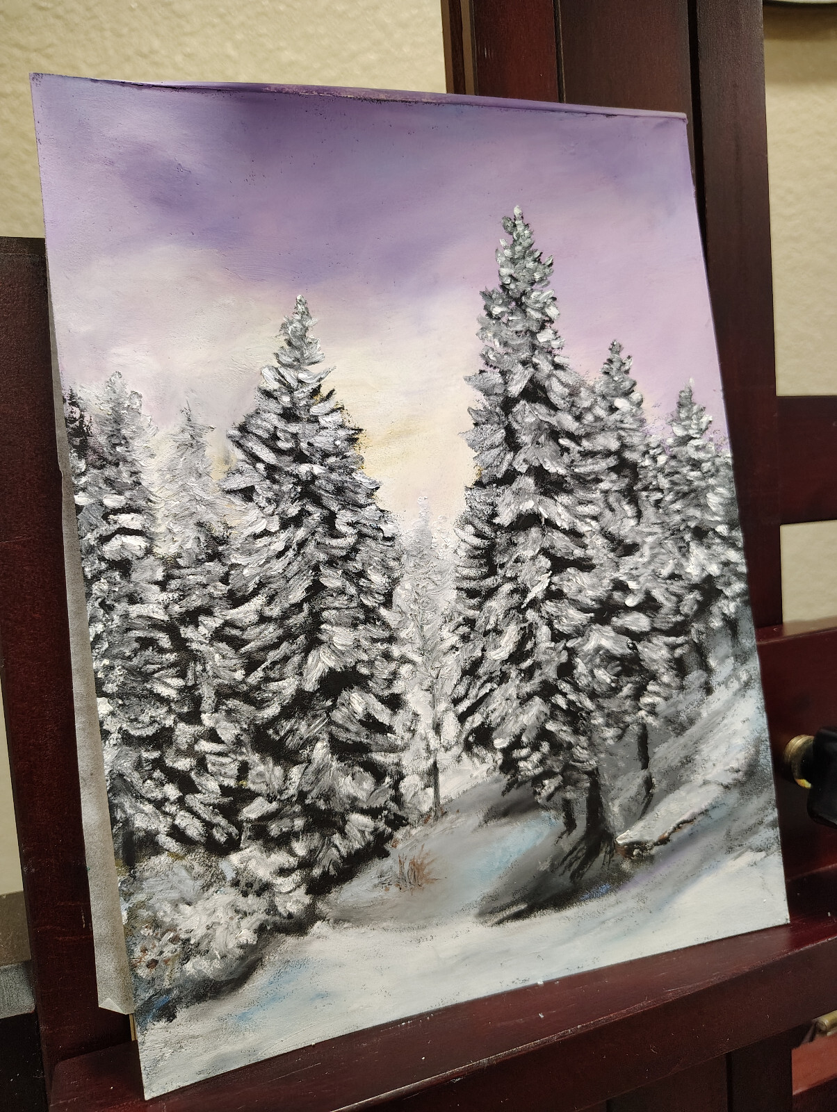 Winter Snow Pine Trees Landscape Original Hand Painted Oil Pastel 7×9.5In Signed