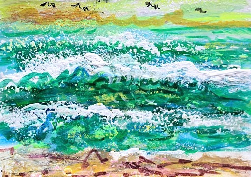 ORIGINAL ACEO Painting OCEAN Beach Waves Birds Sunset Summer Shore Sea ATC ART