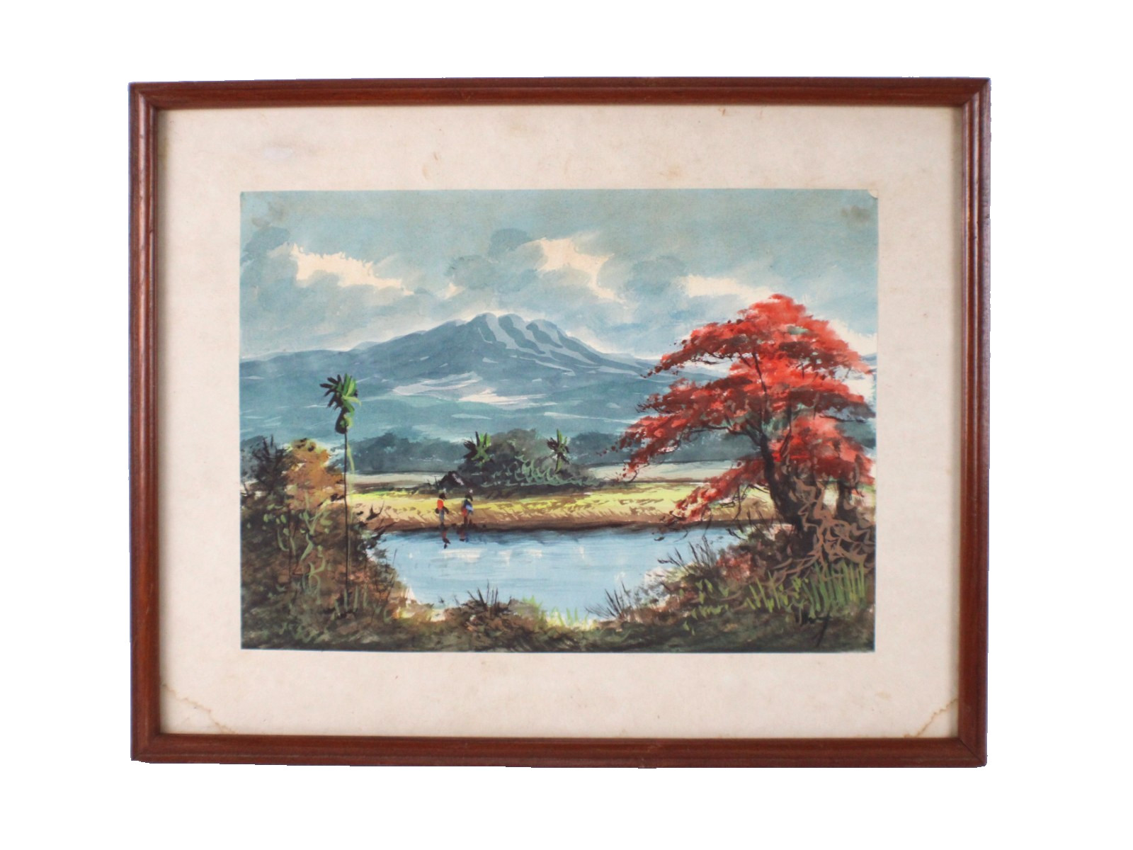 Mid 20th Century Southeast Asian Style Watercolor Painting Signed Illegible