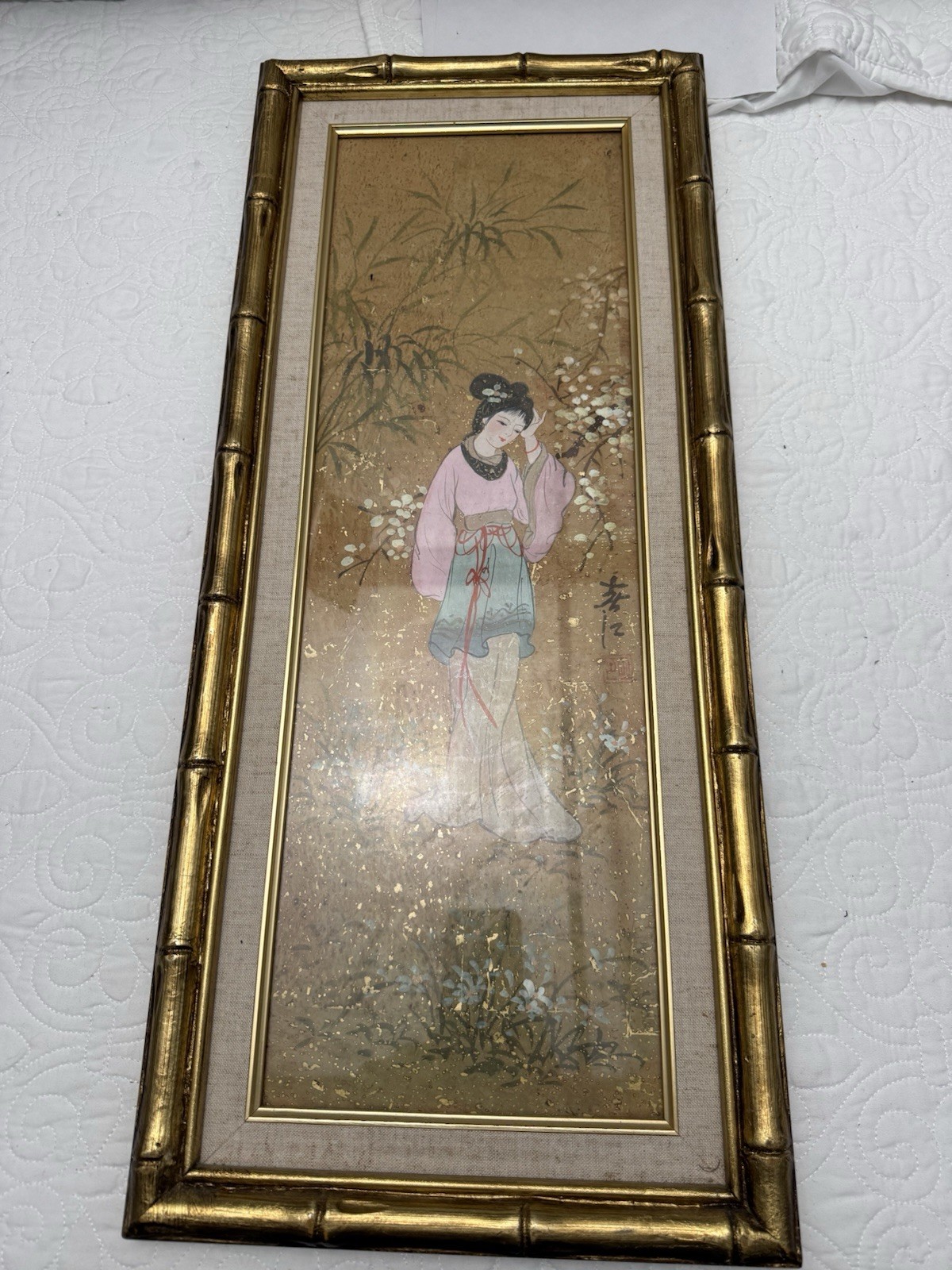 Vintage Asian Silk Painting Woman Signed Gold Bamboo Frame Wall Art