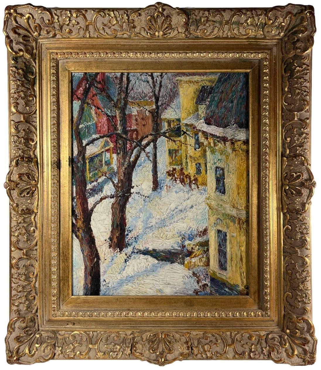 ORIGINAL TEXTURED AMERICAN TOWN ANTIQUE WINTER SNOW VINTAGE LANDSCAPE PAINTING