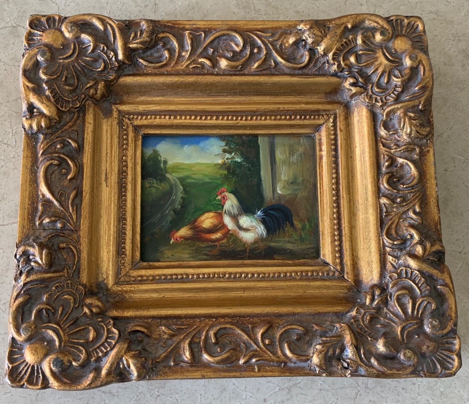 Vint Miniature Original Rooster & Hen Oil Painting Baroque Gold Frame