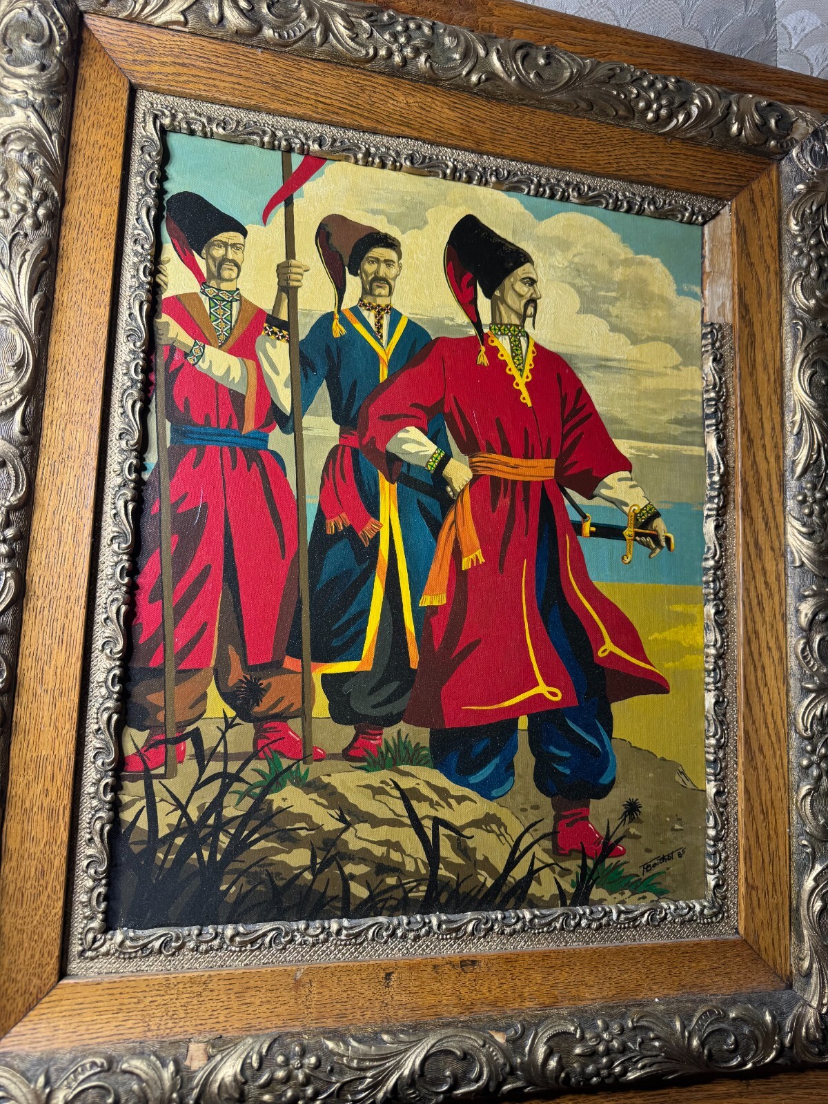 F Beichot? 1985 «Three Russian Men Scene» Oil Painting – Signed And Framed