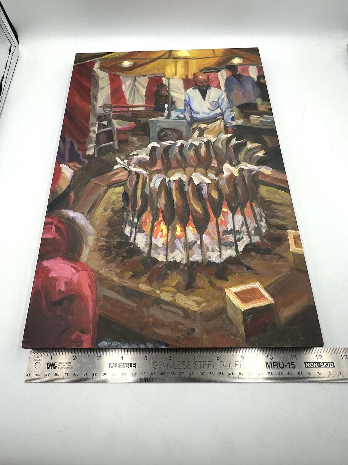 Orig Expressionist Fish Market Oil Painting 12×18 Wood Panel Art Asian Street