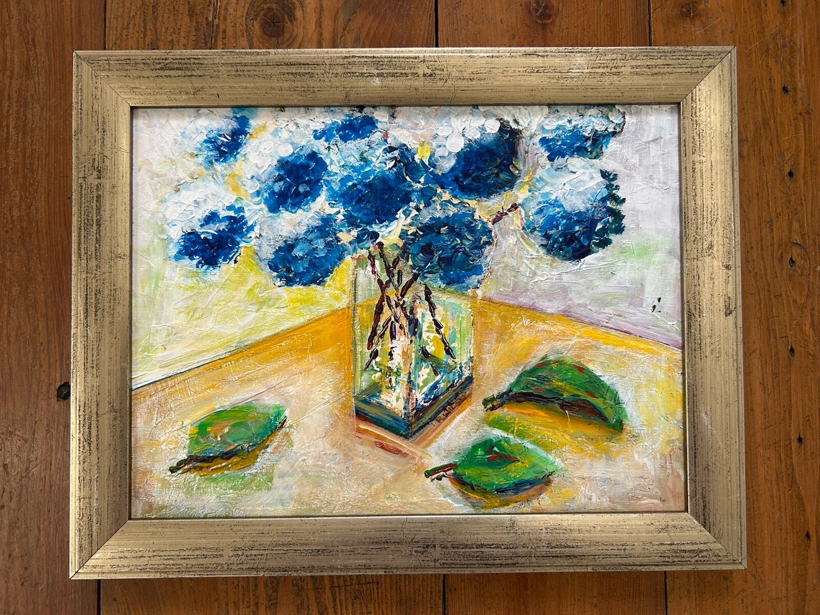 Floral Still Life Painting Framed Hydrangea Flowers Blue & Yellow
