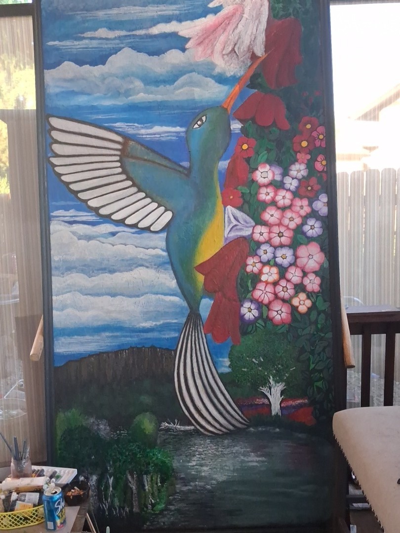 Hummingbird & Flowers Painting Folk Art Unframed Single Piece Animals Floral
