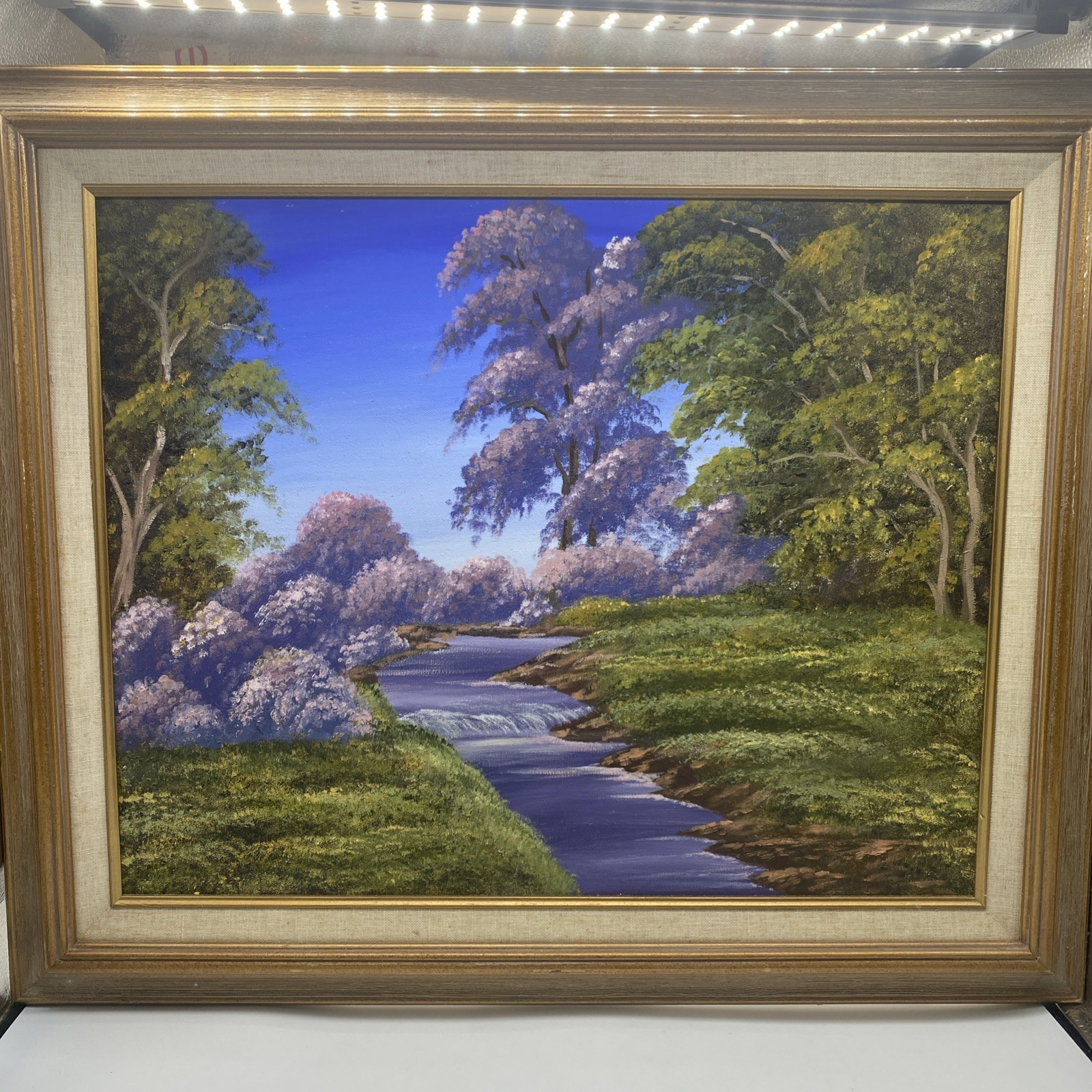 Vintage Oil Painting In Wood Frame Brook Wooded Forest Landscape 25 x 21