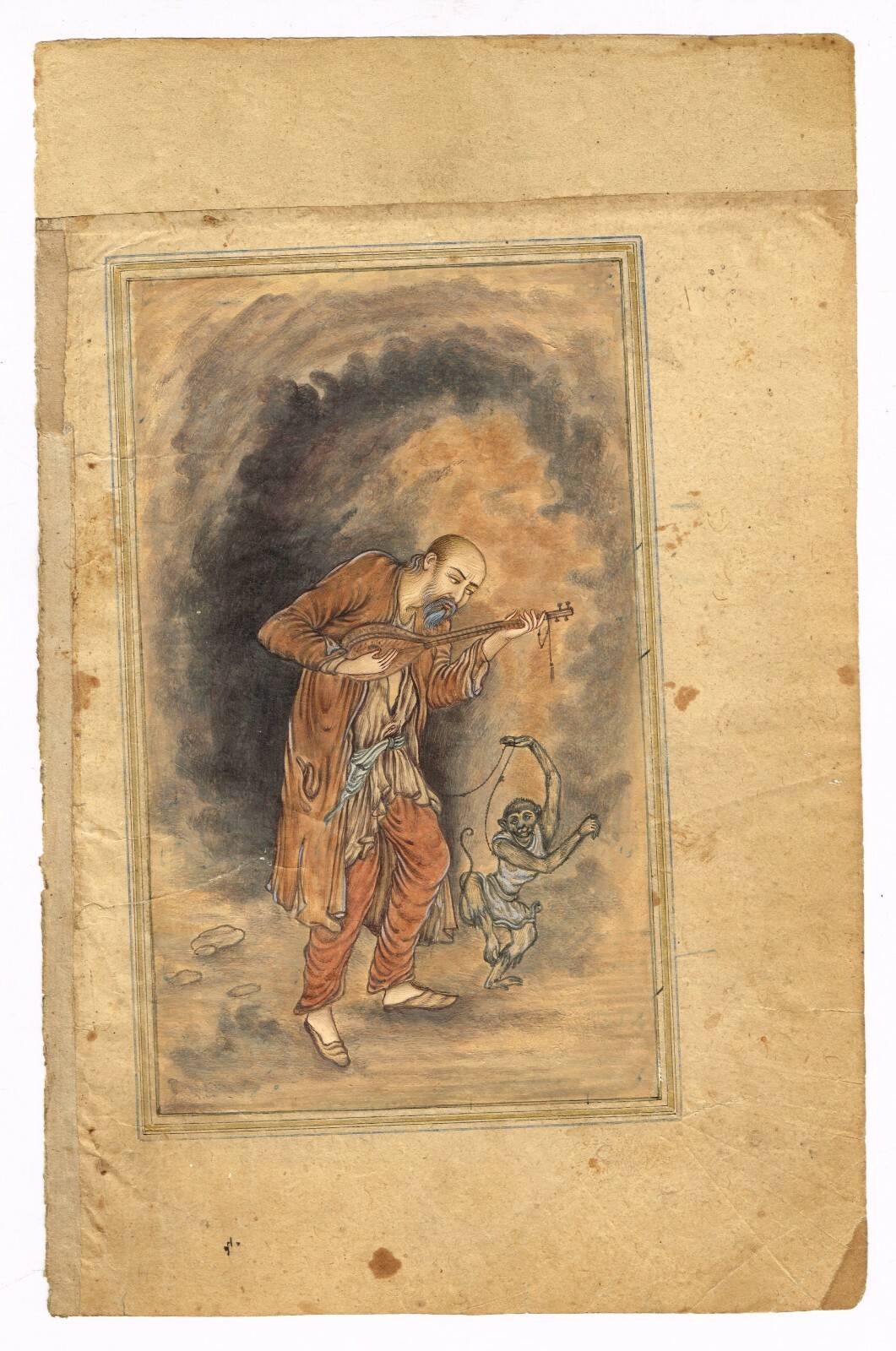 Persian Miniature Painting A Musician Beggar With Monkey On Paper 6.5×9 Inches