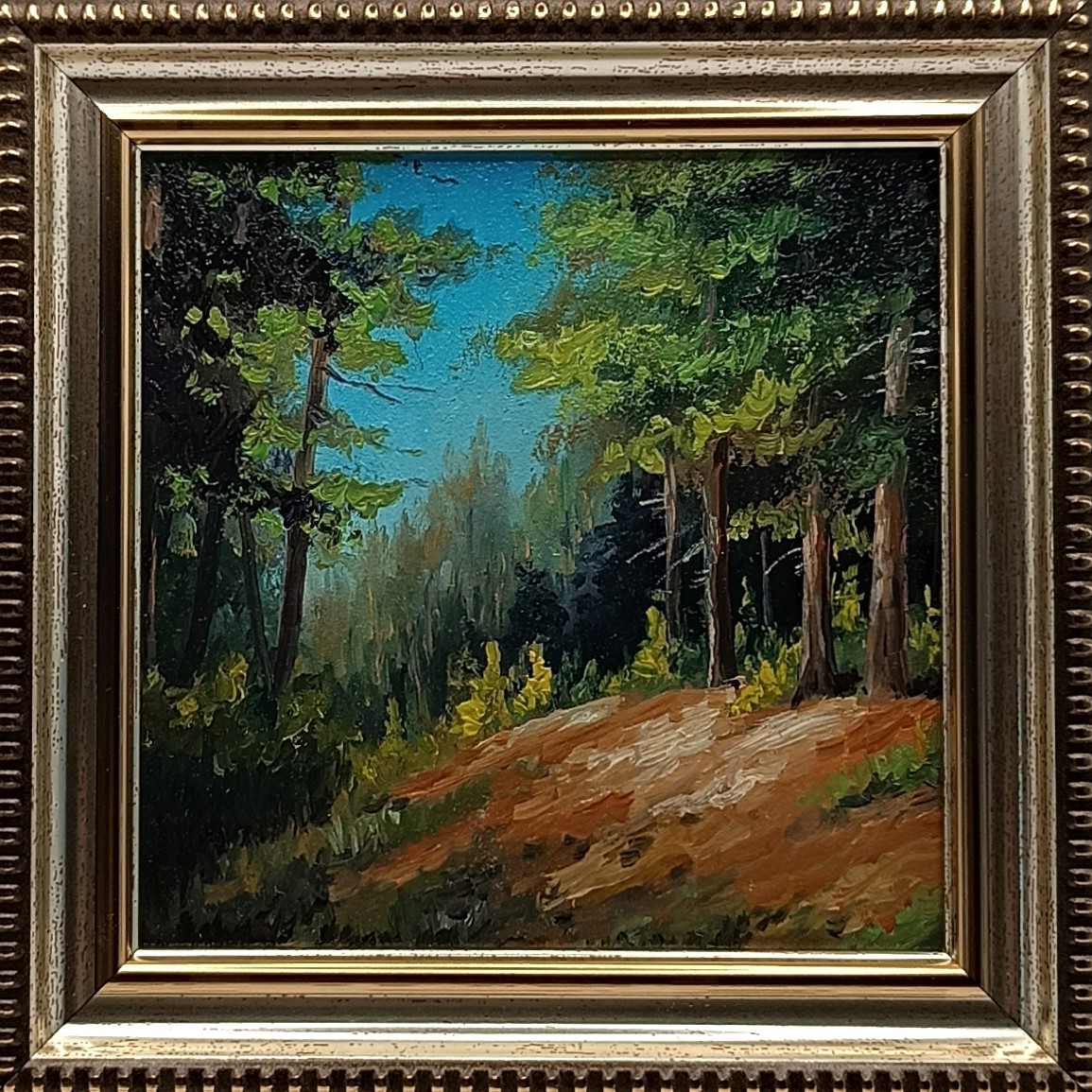 Original Miniature Oil Painting Forest Landscape Framed Impasto Pine Trees Art